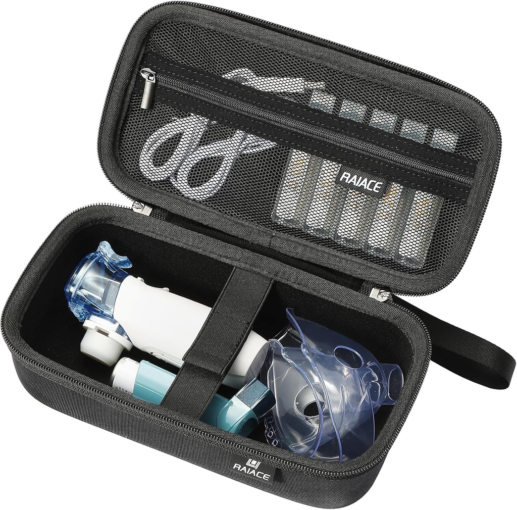 RAIACE Hard Storage Case for Portable håndholdte Inhaler Nebulizer Machine, Astma Inhaler Travel Bag. Byg-i mesh lomme til medicin og tilbehør. (kun tilfælde) - sort
