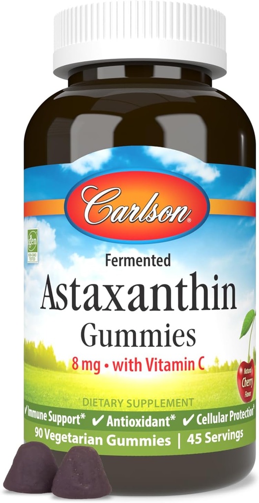 Carlson - Astaxanthin Gummies, med C-vitamin, immunforsvar, antioxidant, hjerte sundhed, non-GMO, Cherry Flavor, 90 Vegetariske Gummies