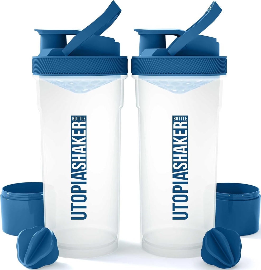 Utopia Home Shaker Flaske 2 Pack - 24 Ounce Plastic Protein eller Cocktail Shaker Flaske til Pre & Post træning med Twist & Lock Protein Box Storage (Clear / Navy)