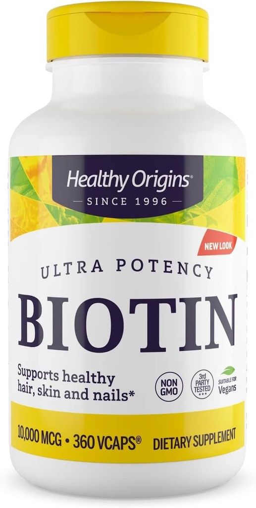 Healthy Origins Biotin 10,000 mcg (USP Grade, Non-GMO, Gluten Free, Hair Support, Nail Support), 360 Veggie Caps