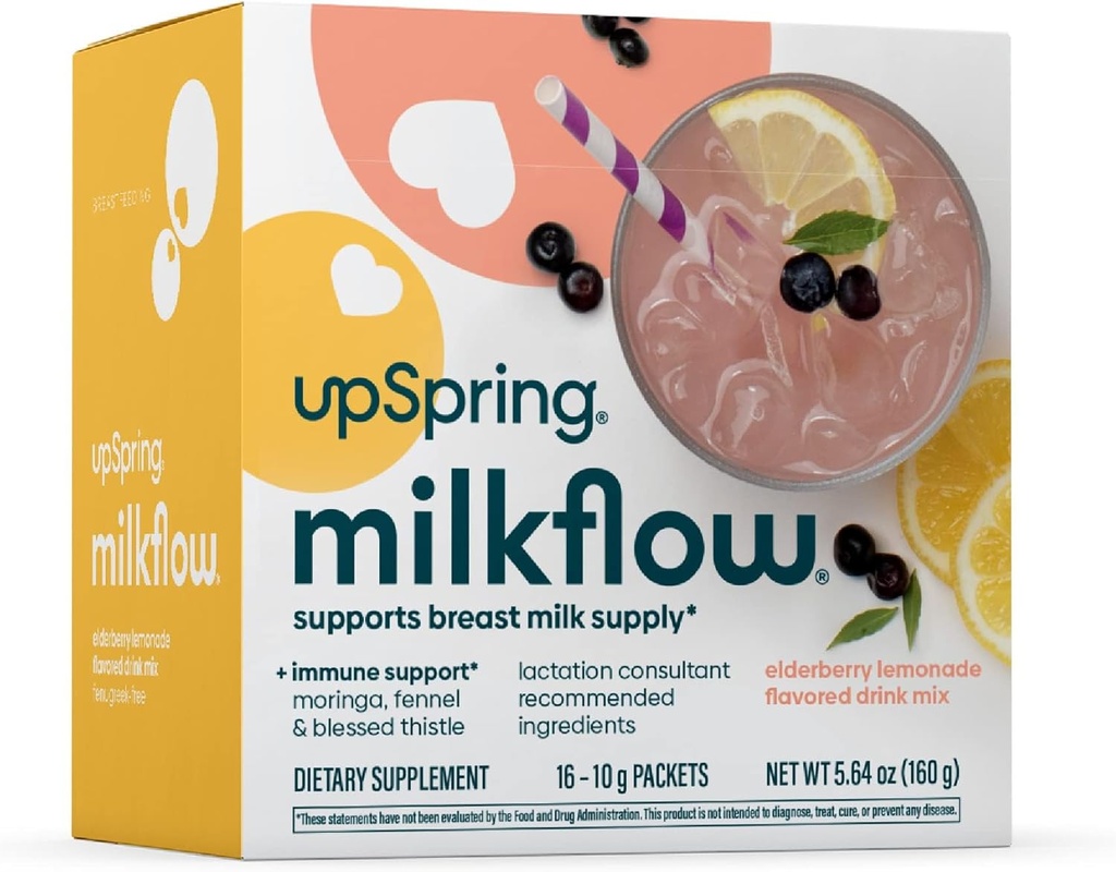 UpSpring Milkflow immunstøtte Amning Supplement Drink Mix Fenugreek- Free, Moringa Elderberry Lemonade Flavor, Amning supplement til Support Breast Milk Supply, 16 mikes