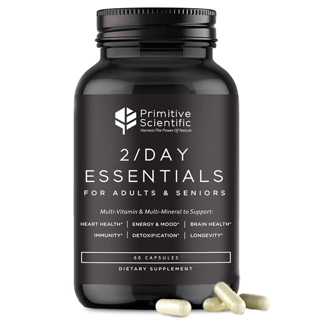 Hele fødevarer Daglige Essentielle Multivitaminer til voksne og seniorer - 2X om dagen - vitamin A, C, D, E, B12 og mineraler - Naturlig og holistisk støtte (60 kapsler)