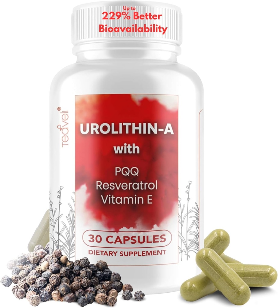 Avanceret Urolithin A (15 Servere) & Stem Cell Supplement med 500mg Urolithin A, Resveratrol, PQQ, Vitamin E & Bioperine - Understøtter NAD +, Mitokondria, Muscle Health, Sunde Celler & Energiniveauer