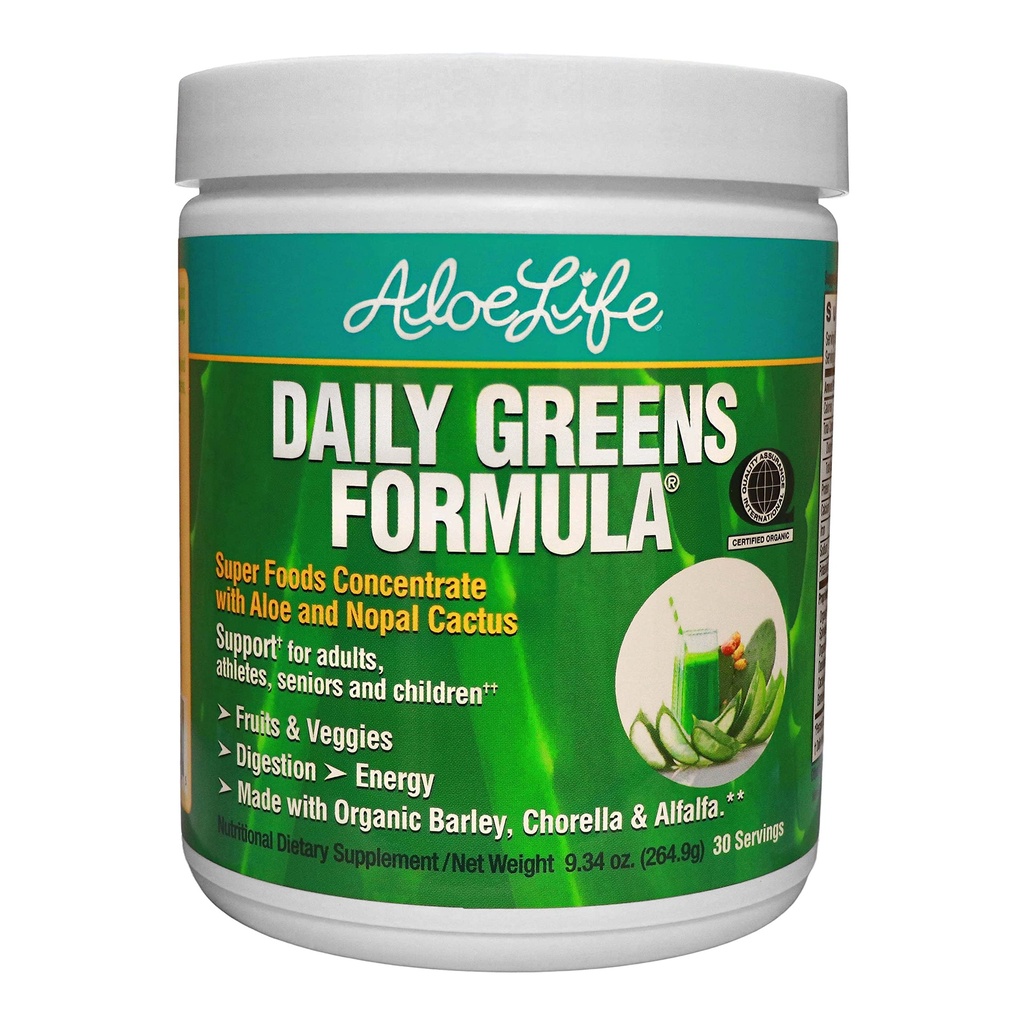 Aloe Life - Daily Green Powder, QAI- Certified Organic Health Supplement, Antioxidants, 21 Frugter, Veggies, & urter herunder Aloe & Nopal Cactus, Low- Calorie, Keto- Friendly, Gluten- Free (30 Servere)