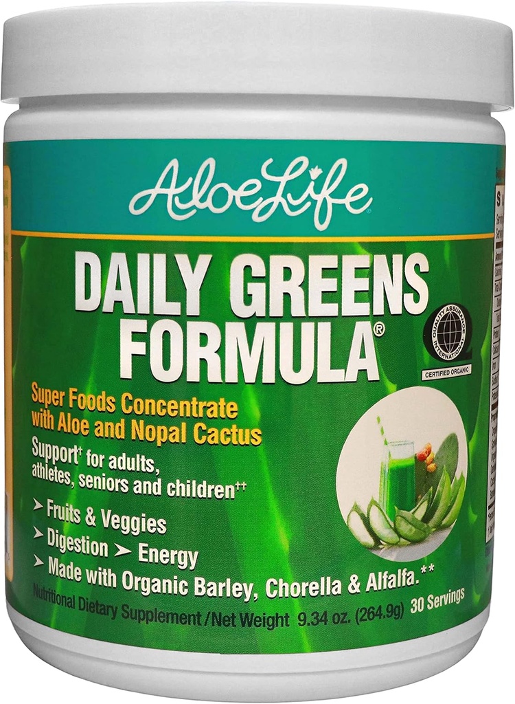 Aloe Life - Daily Green Powder, QAI- Certified Organic Health Supplement, Antioxidants, 21 Frugter, Veggies, & urter herunder Aloe & Nopal Cactus, Low- Calorie, Keto- Friendly, Gluten- Free (30 Servere)