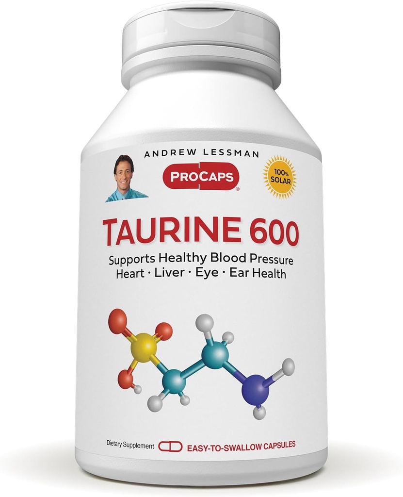 ANDREW LESSMAN Taurine 600- 180 kapsler - understøtter sundt blodtryk, hjerte, lever, øje og øre sundhed. Ren, høj potens kilde til Aminosyren Taurine. Ingen tilsætningsstoffer
