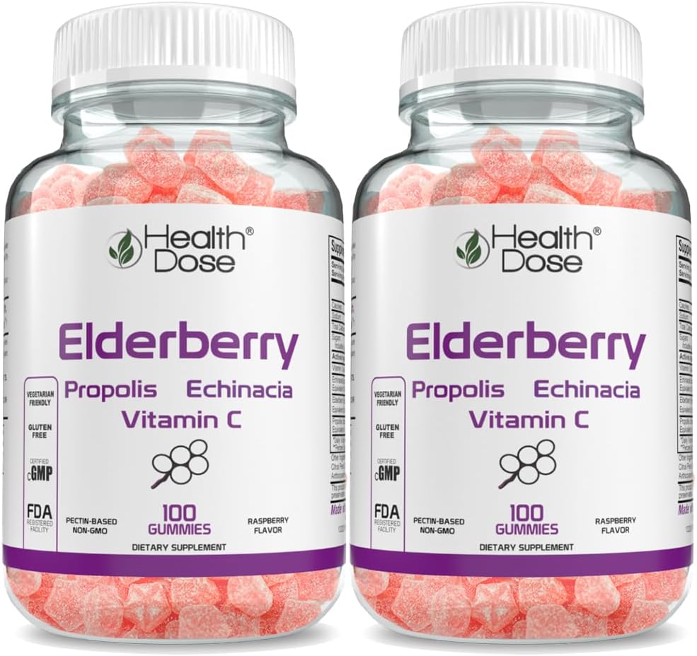 Sundhedsdosis Elderberry Sambucus Gummy Vitamin Kids 100 Gummies. med Propolis Extract, Echinacea, C-vitamin, Yummy Raspberry Flavor, Vegan, Gluten- Free, Defense, immunforsvar Support Booster. Pakning med 2