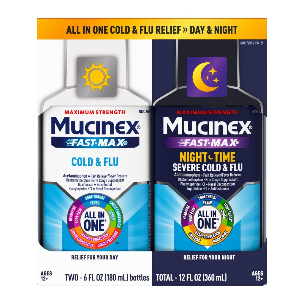 Mucinex Fast- Max Cold and Flu & Nightshift Medicin til voksne, Over- The- Counter Medication Combo Pack for Sore Throat Relief, Decongestant, Cough & Cold Medicine (2 x 6 Fl Oz)