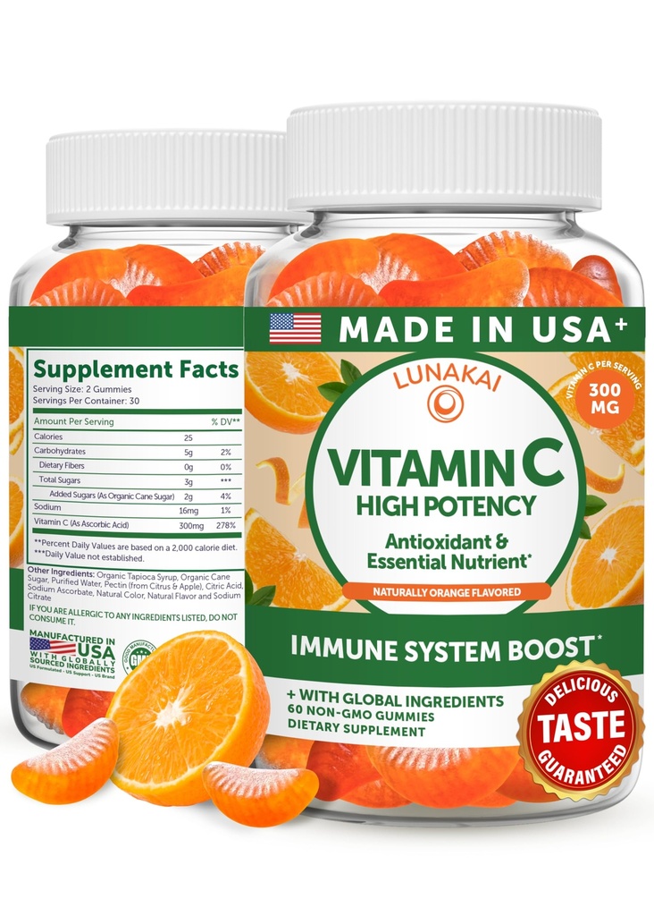 Lunakai USA Made High Potency C-vitamin Gummies for voksne og børn - 300mg immunforsvar - non-GMO, Vegan, Lækker Orange Flavor, 60ct