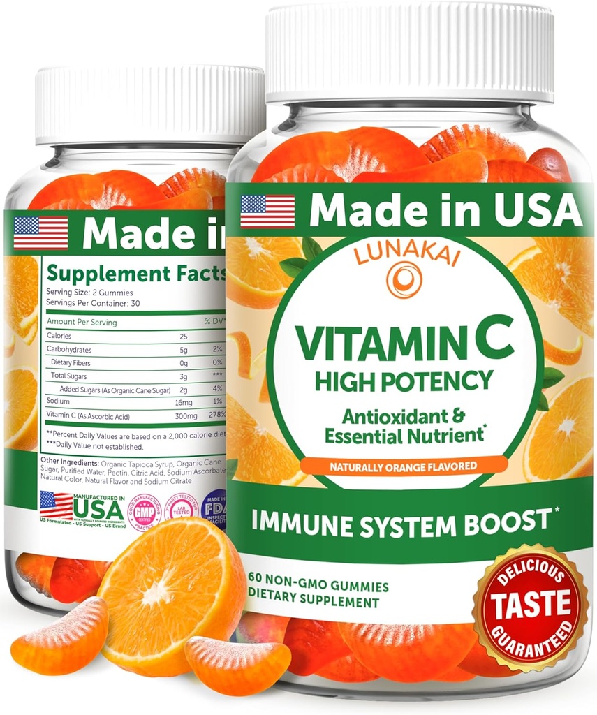 Lunakai USA Made High Potency C-vitamin Gummies for voksne og børn - 300mg immunforsvar - non-GMO, Vegan, Lækker Orange Flavor, 60ct