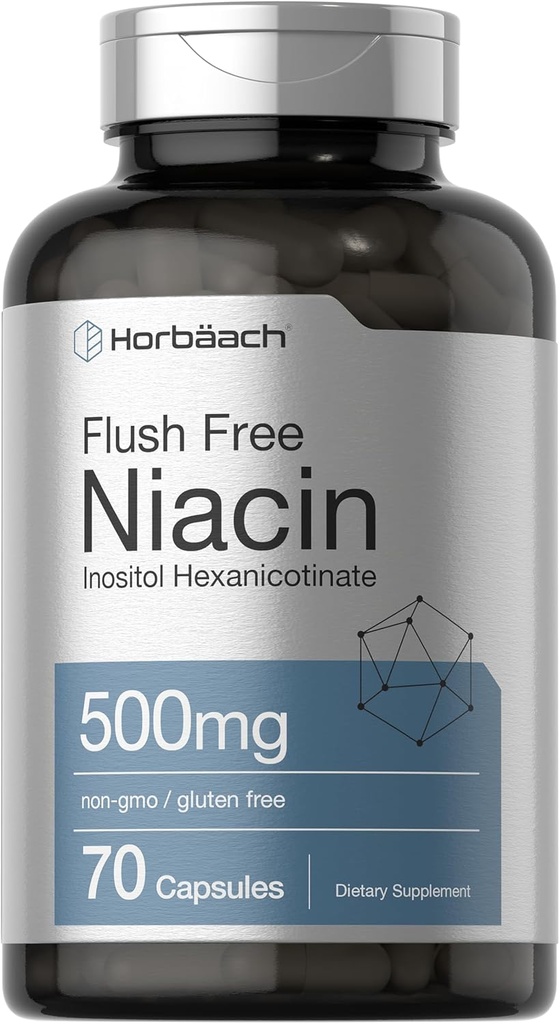 Horbaach Niacin 500mg | 70 Capsules | Flush Free Supplement | as Inositol Hexanicotinate | Non-GMO and Gluten Free