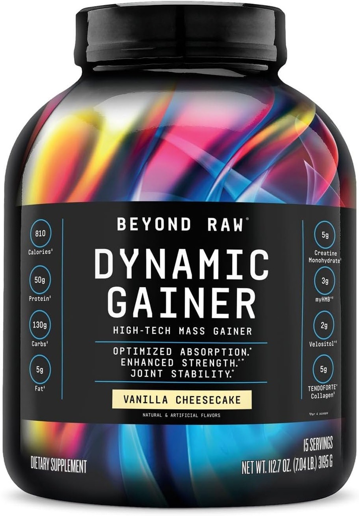 BEYOND RAW Dynamic Gainer. High- Tech Mass Gainer, Optimeret Absorption og forbedret styrke, Vanilla Cheesecake, 15 Servere