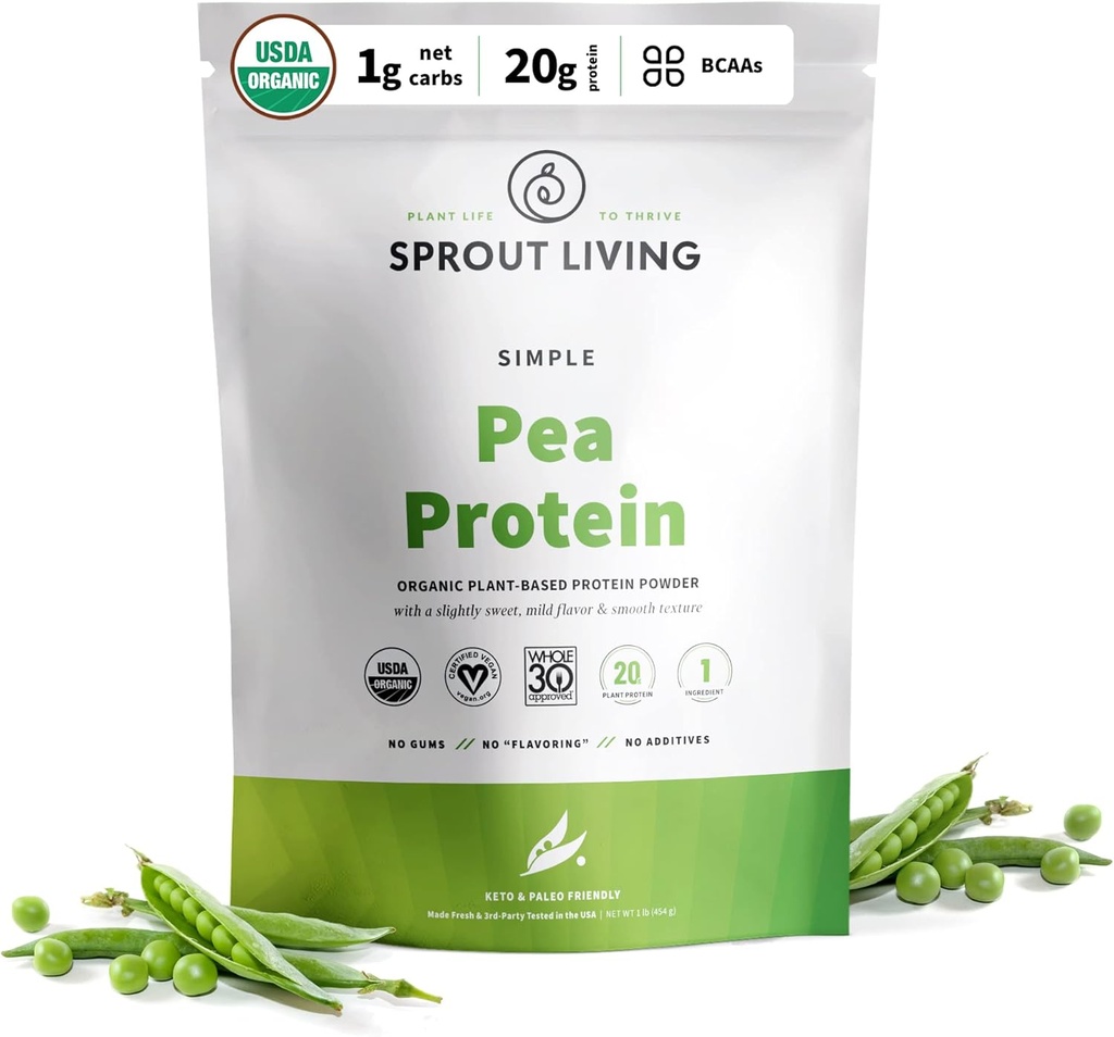 Spraut Living Organic Pea Protein Powder, Unflavored, 20 Grams of Plant Based Organic Protein Powder without Kunstig Sweeteners, Non Dairy, Non- GMO, Vegan, Gluten Free (1 Pund, 19 Servere)