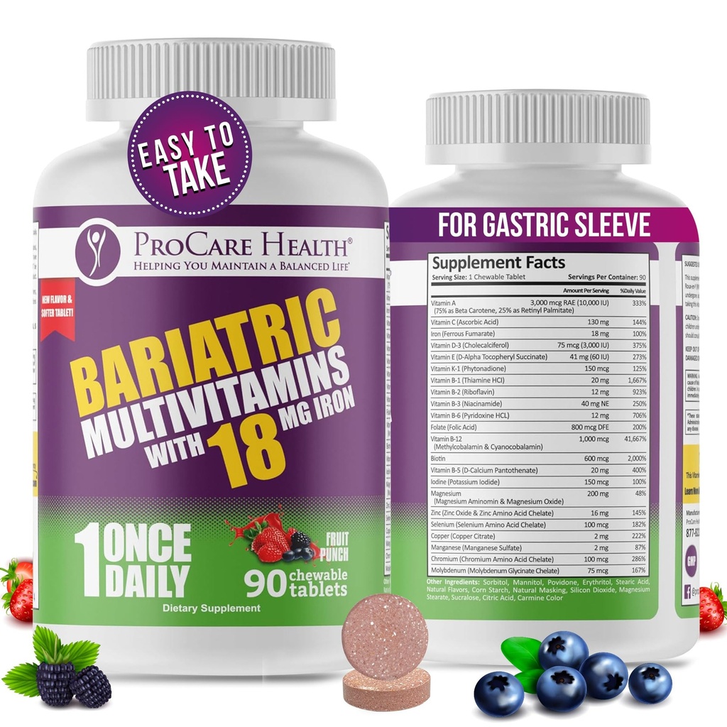 ProCare Health Bariatric Chewable Multivitamin med jern 18 mg (90 tabletter) - Fruit Punch Flavor - for Gastric Bypass & Sleeve Gastrectomy Patienter * (3 måneder Tilgang)