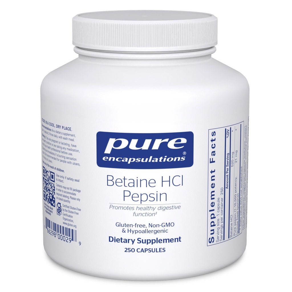 Ren indkapsling Betain HCl Pepsin - fordøjelsesenzymer supplement til fordøjelsesstøtte, Mavesyre & næringsstof Absorption * - med Betain HCl Pepsin - 250 kapsler
