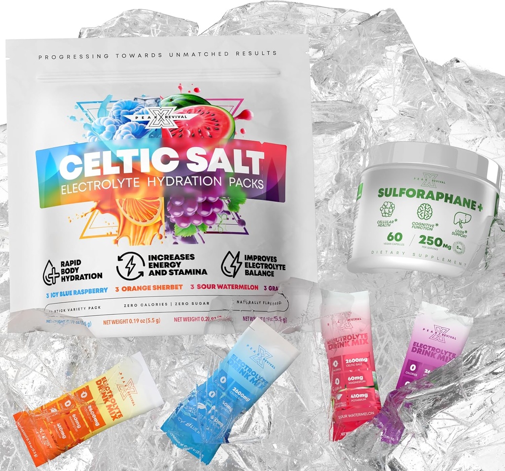 5000mcg af Real Lab- Verified Sulforaphane Supplement + Electrolytes Powder Pakker Celtic Salt 12 Electrolyte Pakker