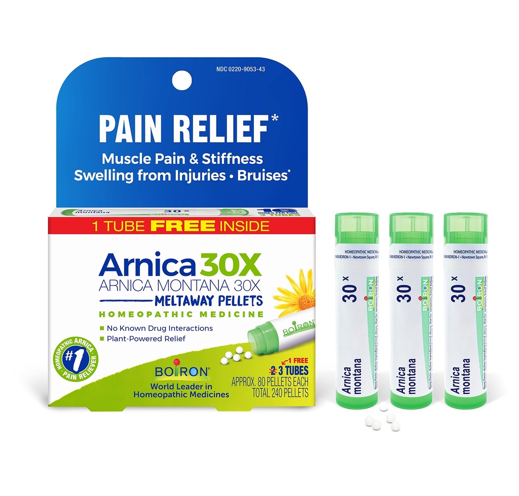 Boiron Arnica Montana 30X Homøopatisk medicin til lindring af muskelsmerter, muskelstivhed, hævelse af skader og misfarvning fra blå mærker - 3 greve (240 Pellets)