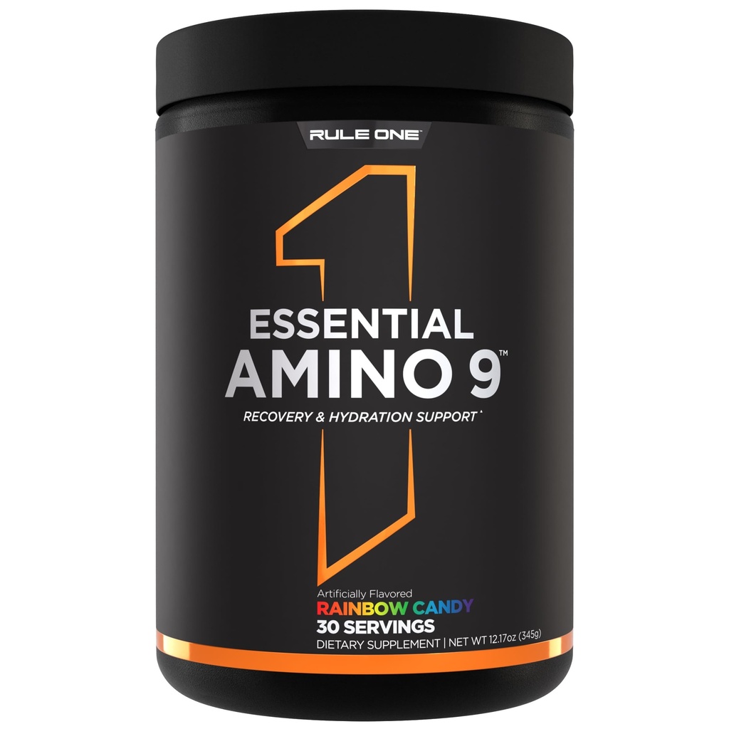 Regel 1 Essential Amino 9 - Inddrivelse & hydrering support med 7.5g af Essential Aminosyrer + Electrolytes (30 Servere, Rainbow Candy)