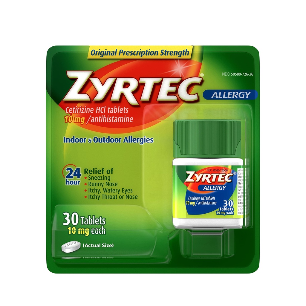 Zyrtec 24 timers Allergi Relief Tablets, 10 mg Cetirizin HCl Antihistamin Allergi Medicin, 30 ct Red