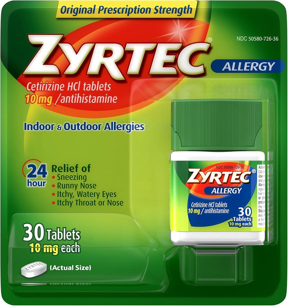 Zyrtec 24 timers Allergi Relief Tablets, 10 mg Cetirizin HCl Antihistamin Allergi Medicin, 30 ct Red