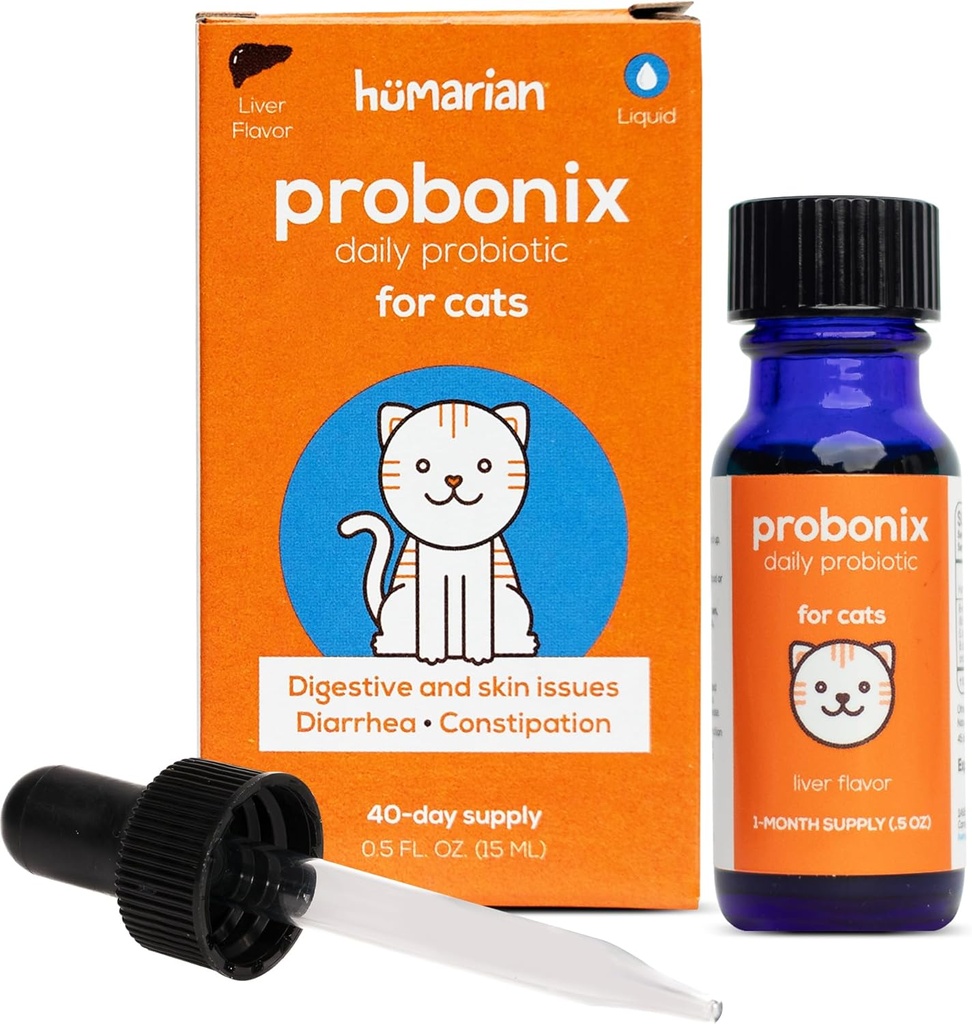 Humanic Probonix flydende probiotika til katte - 8-stamme kat Probiotiske Drops til Fortify Feline Gut Sundhed, tandpleje, Immunitet og mere - 30-dages forsyning - lever flavor