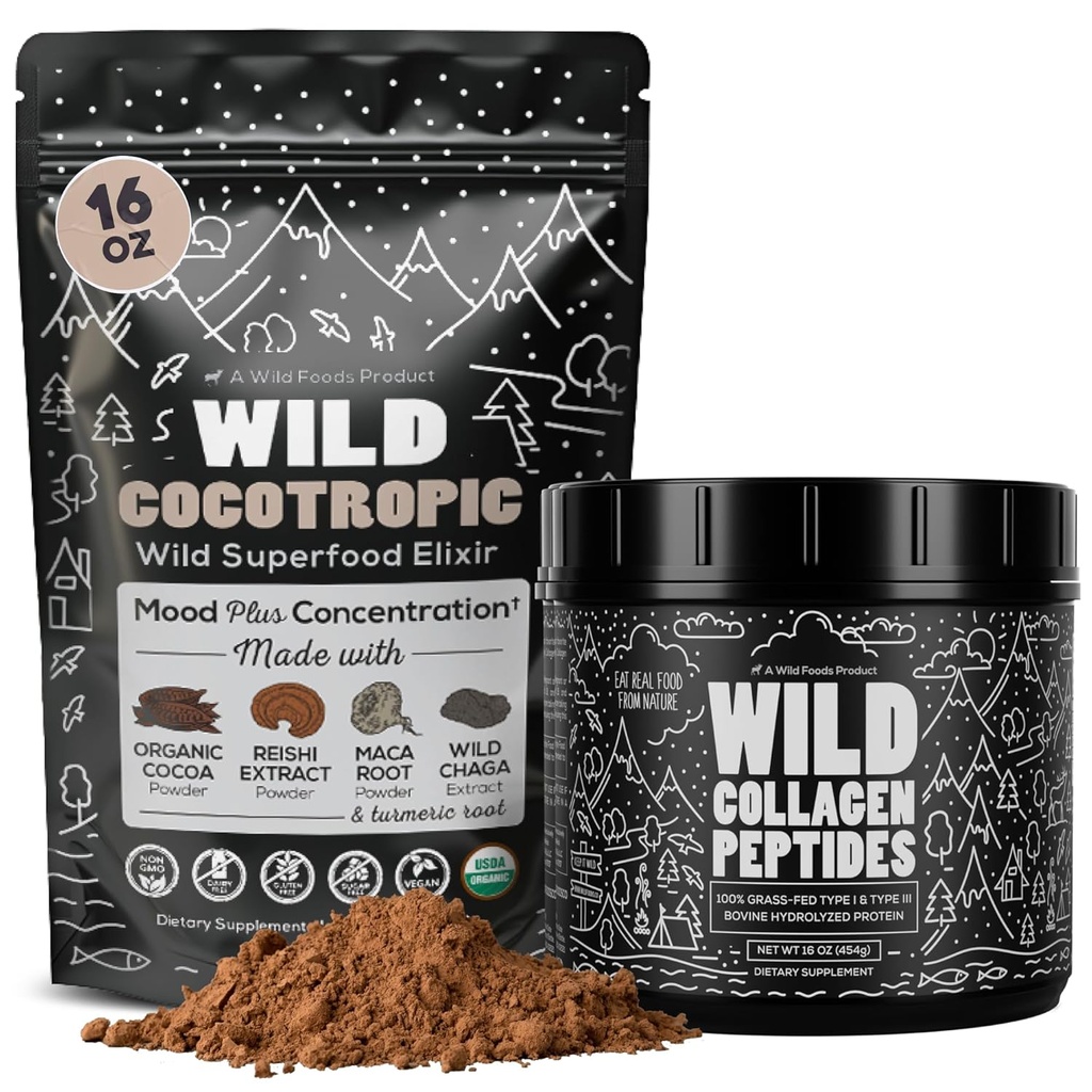 Cocotrop Organic Mushroom Cacao Mix (16oz) & Collagen Peptider (16oz) Bundle til hud, hår og fælles støtte