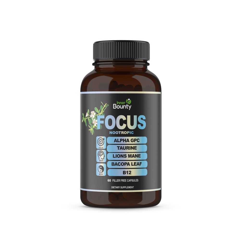 Focus 14- in-1 Nootrop Brain Supplement med Lions Mane, Alpha GPC Cholin, C-vitamin & B12, Taurine, Bacopa - Energi, Kognitiv, Memory Support, 60 Filler gratis kapsler