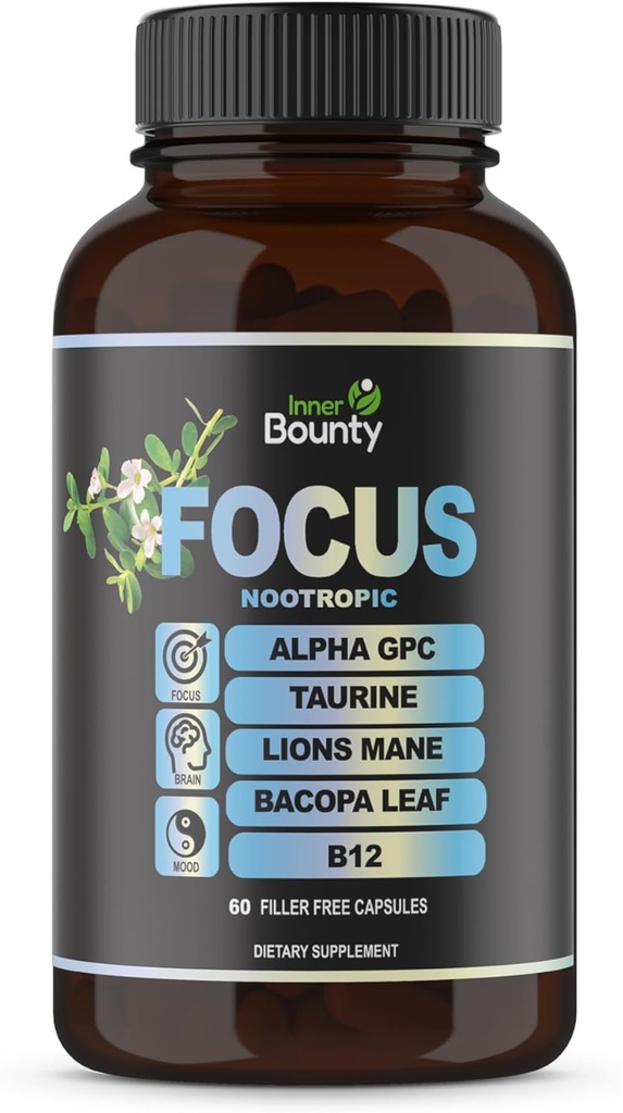 Focus 14- in-1 Nootrop Brain Supplement med Lions Mane, Alpha GPC Cholin, C-vitamin & B12, Taurine, Bacopa - Energi, Kognitiv, Memory Support, 60 Filler gratis kapsler