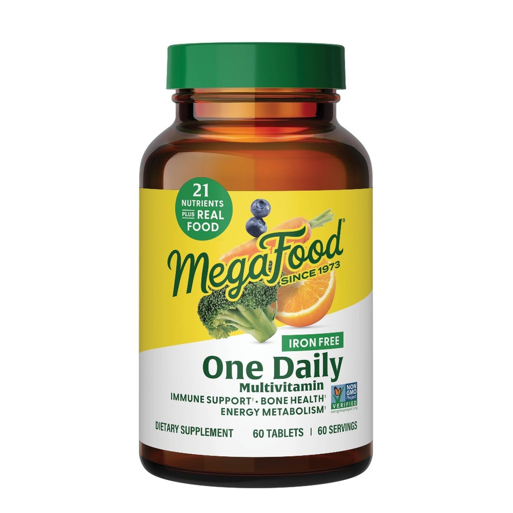 MegaFood One Daglig jernfri multivitamin - Multivitamin til kvinder og mænd - med Real Food - Immunstøtte supplement - Knoglesundhed - Energimetabolisme - Vegetarisk; Non- GMO; Ingen jern - 60 tabletter