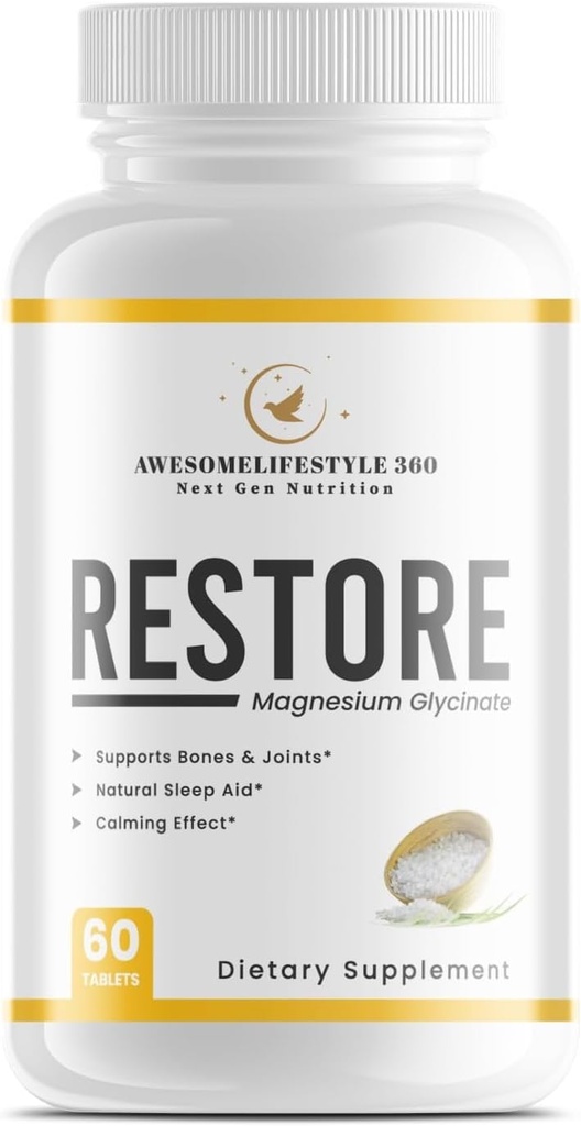 Awesomelifestyle360 Næste generator Nutrition Gendanne Magnesium Glycinate Natural Sleep Vitamin Calm The Brain, Understøtter Bones and Joints, Natural Sleep Aid - (60 tabletter)