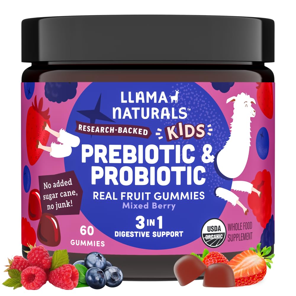 Llama Naturals Kids Probiotiske med Prebiotic Fiber, Vegan, Organic Prebiotics og Probiotics Gummies for Gut Health Support, Tanddler Real Fruit Gummy Vitamin, Ingen Tilføjet sukkerrør, Blandet Berry, 60 Ct