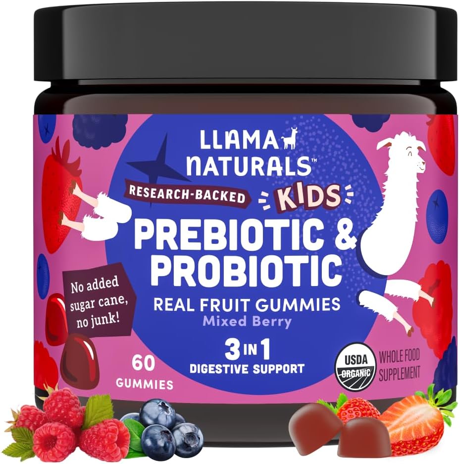 Llama Naturals Kids Probiotiske med Prebiotic Fiber, Vegan, Organic Prebiotics og Probiotics Gummies for Gut Health Support, Tanddler Real Fruit Gummy Vitamin, Ingen Tilføjet sukkerrør, Blandet Berry, 60 Ct