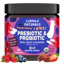 Llama Naturals Kids Probiotiske med Prebiotic Fiber, Vegan, Organic Prebiotics og Probiotics Gummies for Gut Health Support, Tanddler Real Fruit Gummy Vitamin, Ingen Tilføjet sukkerrør, Blandet Berry, 60 Ct