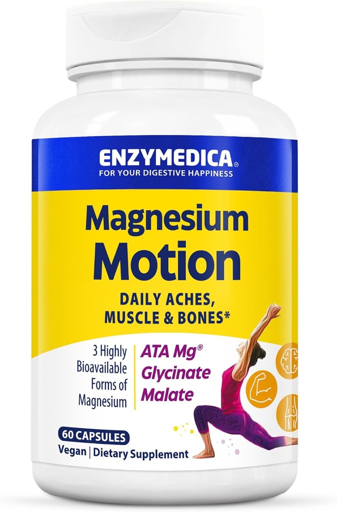 Enzymedica, Magnesium Motion med 3 former for Magnesium, ATA Mg, Glycinate, Malat, Sodhes Occasional Aches, Understøtter Bones & Muscles, 60 Greve