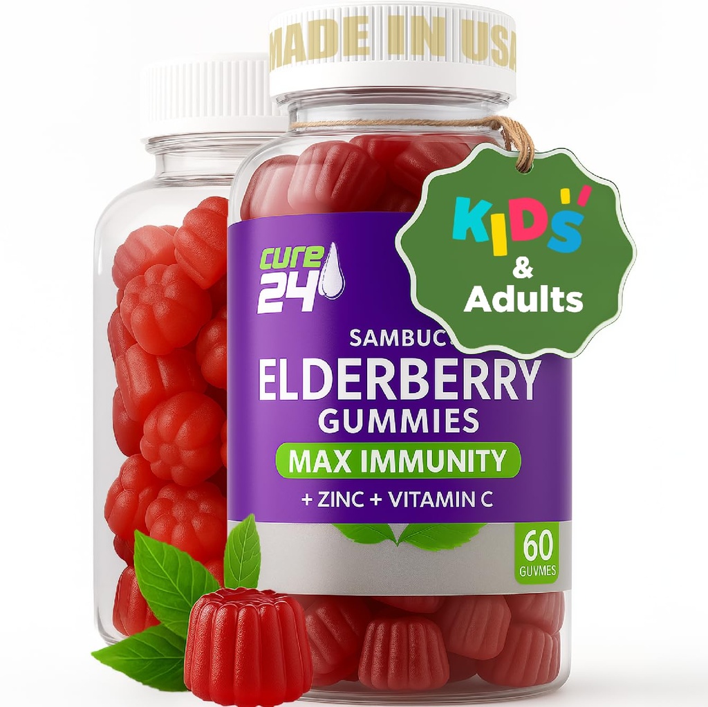 Sambucus Elderberry Gummies + C-vitamin + zink til børn og voksne, X3 immunstøtte, naturlige smagsstoffer + ingredienser, Vegan, Non- GMO, Made in USA (60)