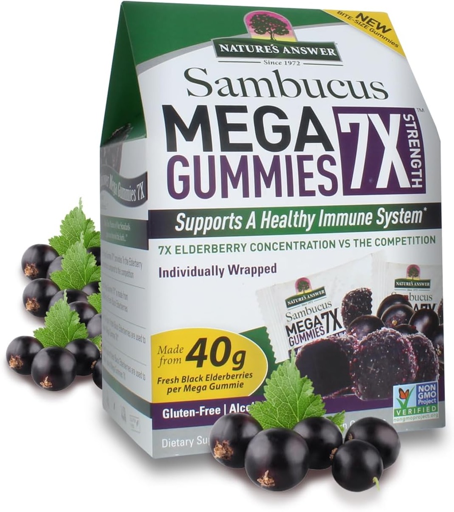 Nature 's Svar Sambucus Mega Gummies against 124; 7X Mere Elderberry koncentrering against 124; Alkohol- fri, Gluten- fri, Gelatin- fri, Vegan, Non- GMO & ingen konserveringsmidler