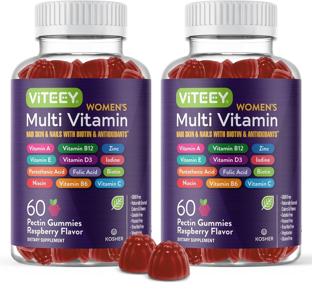 Viteey Dame Multivitamin Gummies - immunforsvar - 12 i 1 essentielle vitaminer og mineraler - vitamin A, C, D3, E, B6, B12, folinsyre, biotin, calcium, zink & mere - Vegetar - Hindbær smag