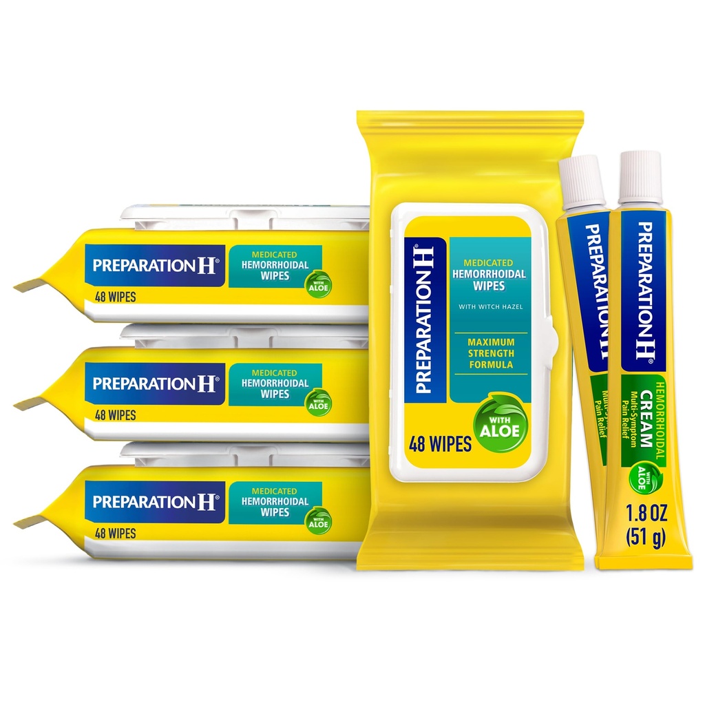 Præparation H Hæmorroide servietter med Heks Hazel, 192 Ct Plus Præparation H Hæmorroid symptombehandling creme, 2 Rør x 1,8 oz, Wipe Plus Behandling for bedre lindring, Hæmorroid Care Bundle