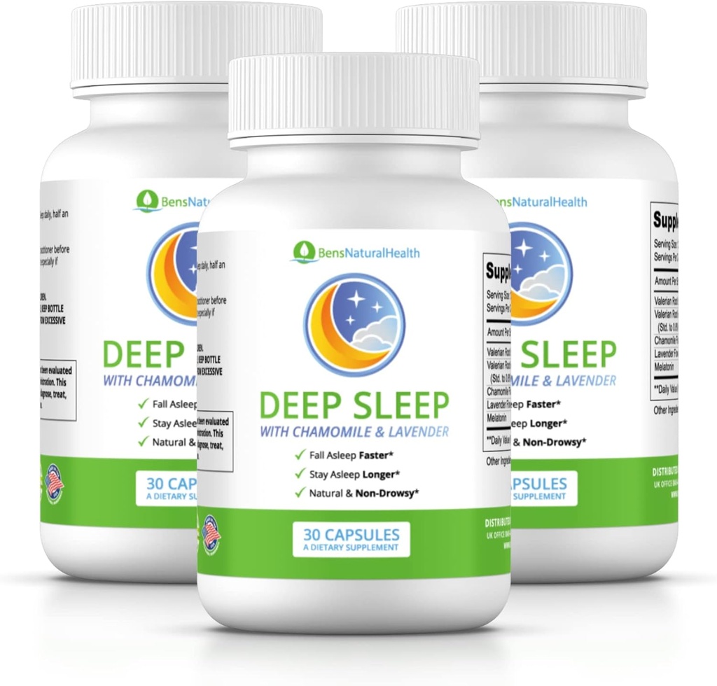 Ben 's Natural Health Deep Sleep Support, Melatonin, Valerian, Kamille og Lavendel, 30 Kapsler, 3 Pack