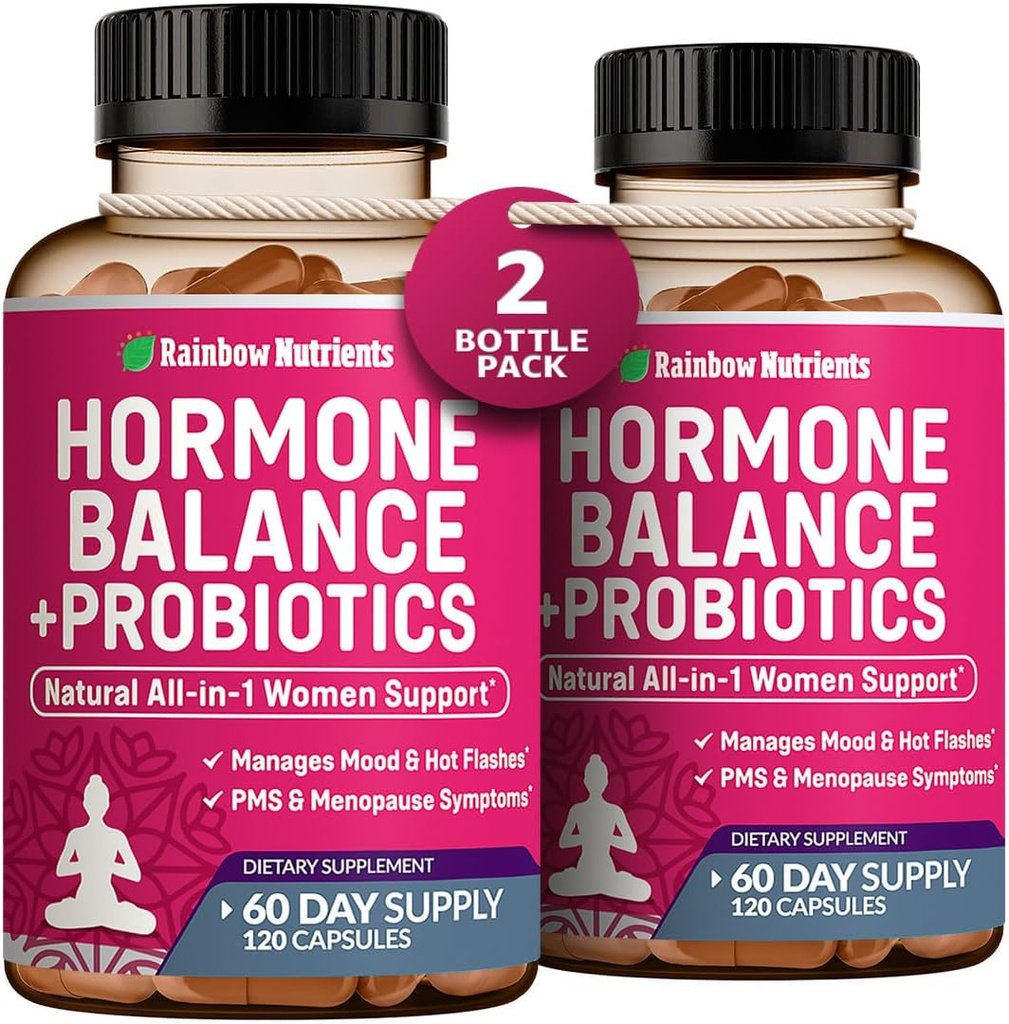 (2 Pack) Hormon Balance + Probiotika til kvinder (3450mg) Naturlig Relief for menopause, Hot Flashs, PMS, Bloating Measures 124; 4: 1 Chasteberry, Dong Quai, Black Cohosh Measures 124; Non GMO Measures 124; 240 V Kapsler
