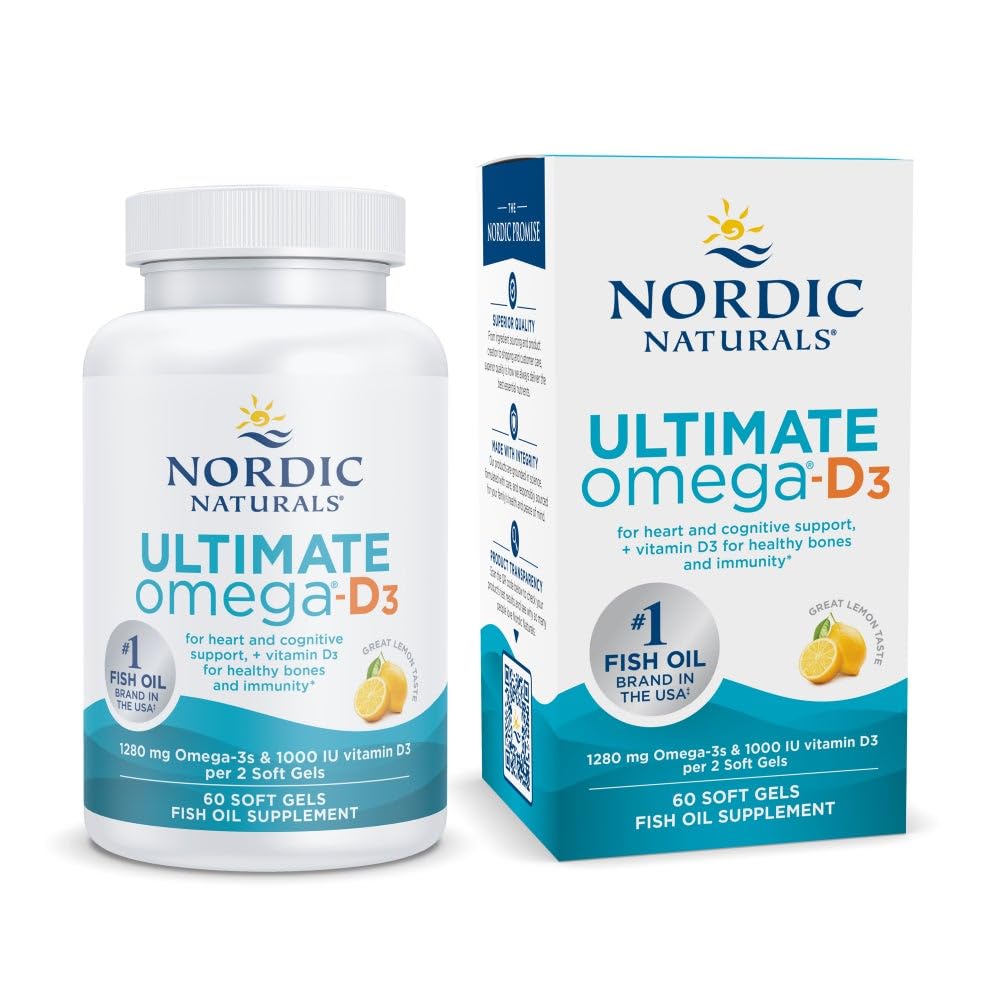 Nordiske Naturals Ultimate Omega- D3, Lemon Flavor - 60 Soft Gels - 1280 mg Omega-3 + 1000 IE D3- vitamin - EPA & DHA - fremmer hjerne, hjerte og immunforsvar - 30 Servere