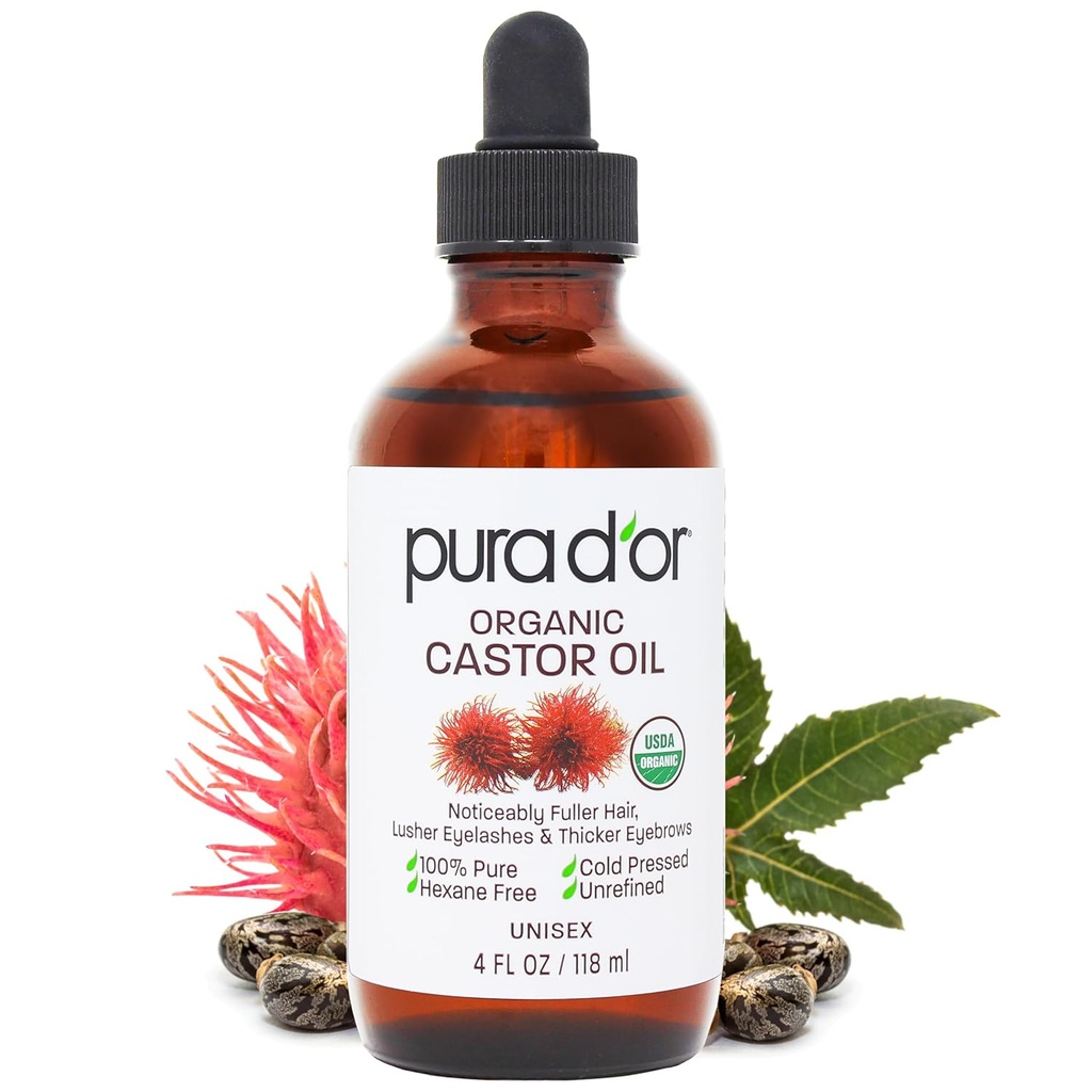 PURA D 'OR 4 Oz ORGANIC Castor Oil - 100% Pure USDA Certified Cold Pressed, Hexane Free Eyelash & Eyebrow Serum - For Fuller, Thicker Lass & Brows - Hud og hår