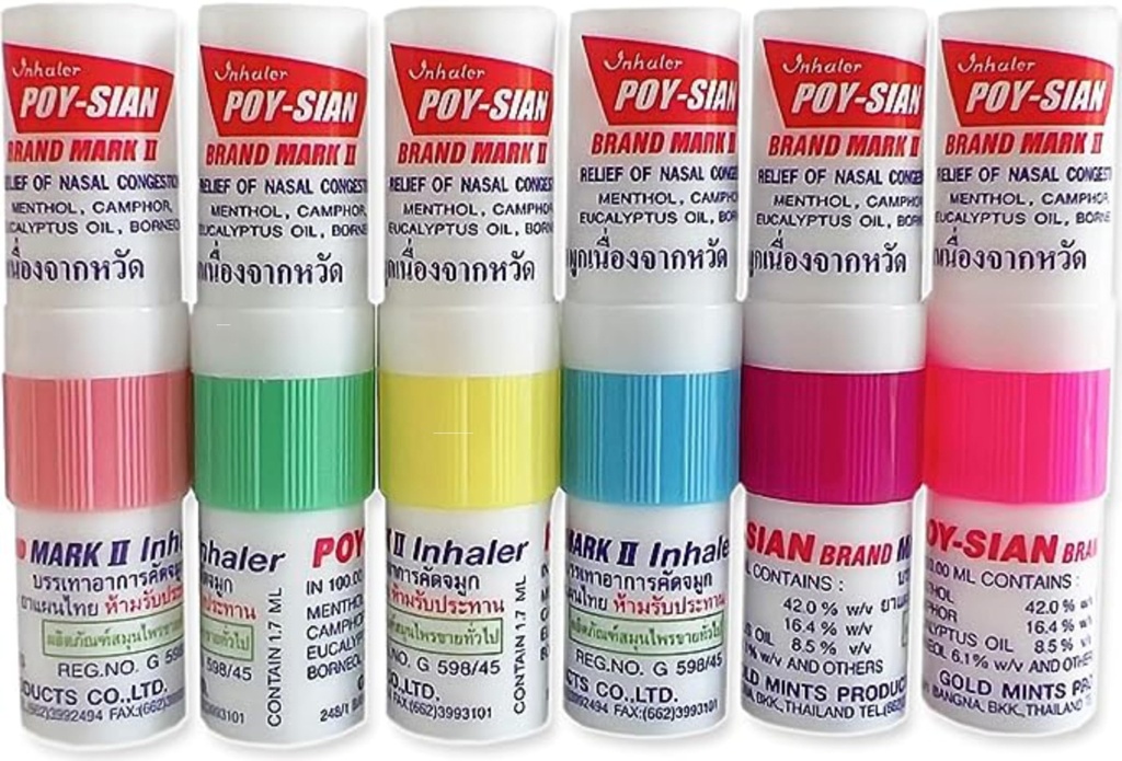 POY- SIAN Mark II Menthol Aromaterapi Nasal Inhaler, Natural Herbal Remedy med kølende essentielle olier Poysian (pakke med 6)