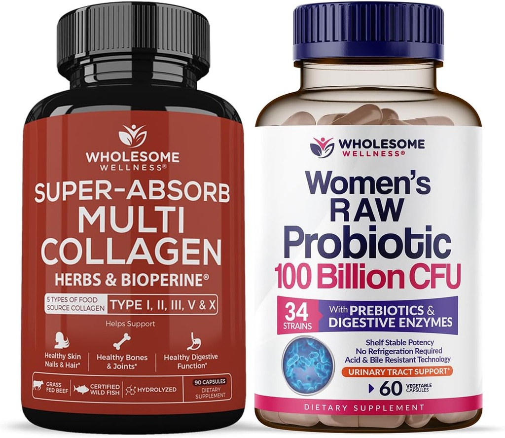 Wholesome Wellness Super-Absorb Multi Collagen Pills (Type I II III V X) Organic Herbs and Bioperine + Dr. Formulated Raw Probiotics for Women 100 Billion CFUs with Prebiotics Bundle