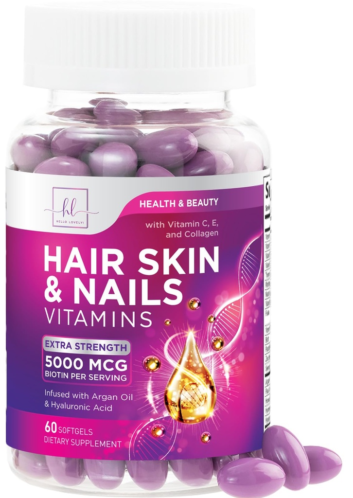 Hår, hud & negle Vitaminer for kvinder - Biotin 5000mcg til støtte hårvækst med Argan Oil, Collagen & Hyaluronsyre, Smukke, stærkere hud, hår & negle Vitamin Supplement - 60 Softgels