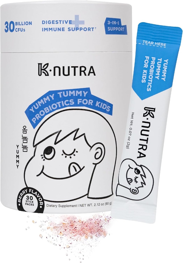 K- Nutra Yummy Tummy Probiotics for Kids Note 124; 2.12oz (30 Sticks) Note 124; 3- in-1 Prebiotic & Probiotic Powder Note 124; 30 Millioner CFU 'er Note 124; Klinisk Testet
