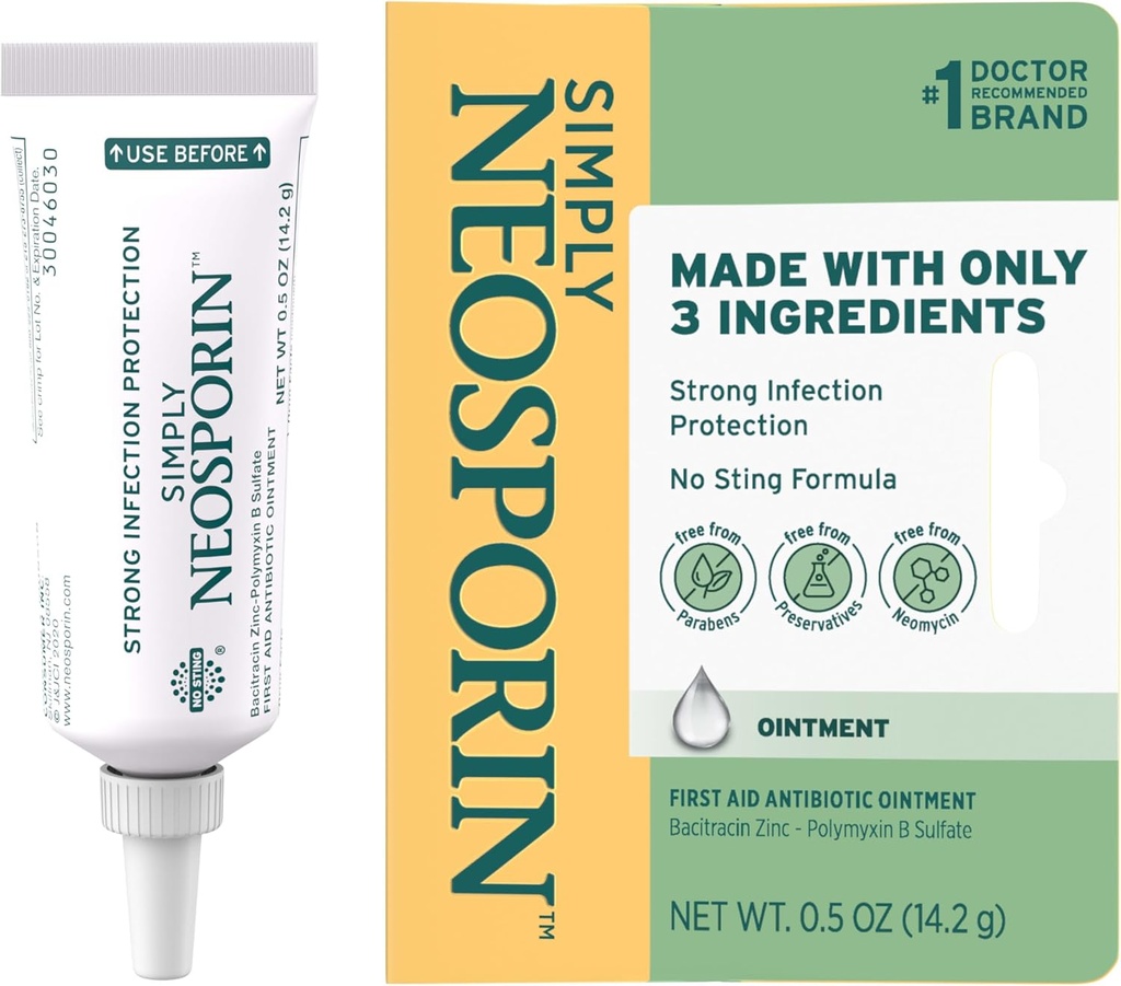 Neosporin Simpel Formel 3 - Ingrediens Førstehjælp Antibiotisk Salve og Sårpleje Behandling med Bacitracin Zink og Polymyxin B Sulfate, Preservative-, Paraben- og Neomycin- Free, 0,5 oz