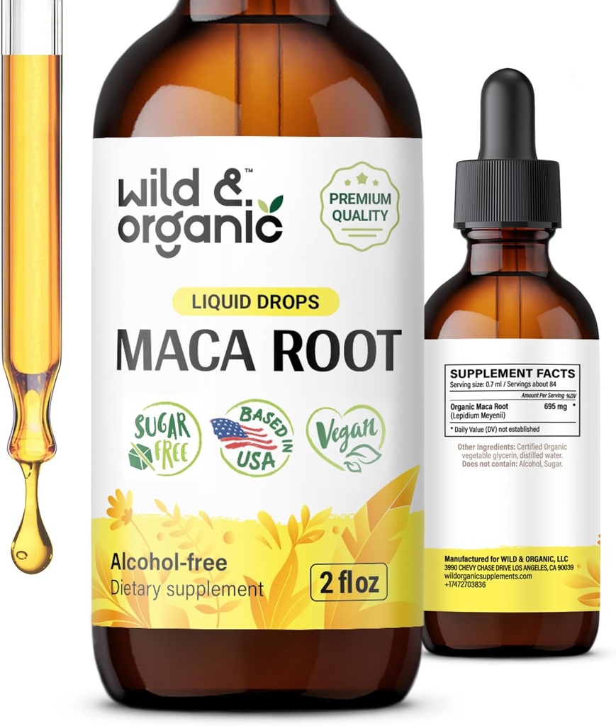 Wild & Organic Maca Root Drops for Kvinder & Mænd - Food, Food, Active Lifestyle - Peruvian Maca Supplement - Vegan, Sukker & Alkohol- Gratis tinktur - 2 fl oz
