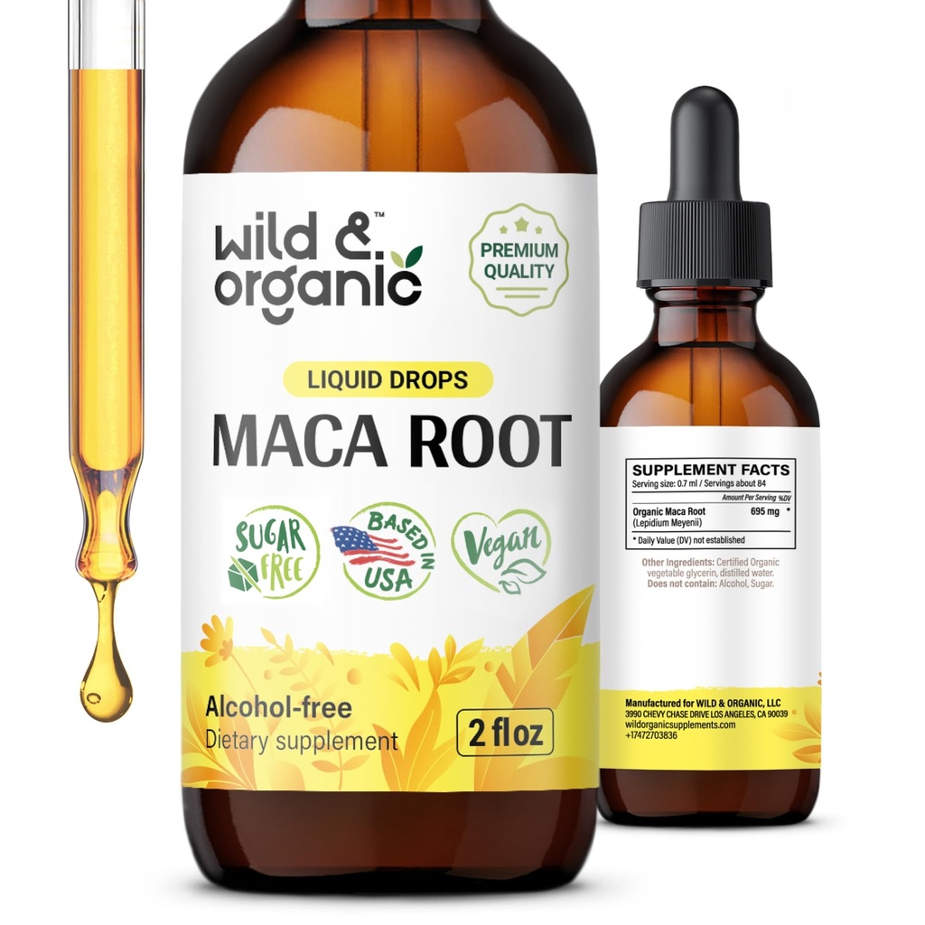 Wild & Organic Maca Root Drops for Kvinder & Mænd - Food, Food, Active Lifestyle - Peruvian Maca Supplement - Vegan, Sukker & Alkohol- Gratis tinktur - 2 fl oz