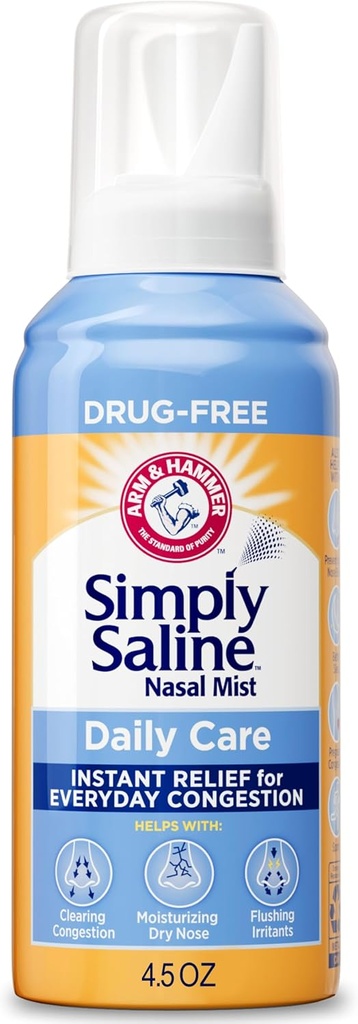 ARM & HAMMER Simply Saline Nasal Care Daily Mist 4.5oz - Instant Relief for hver dag Congestion - One 4.5oz Flaske